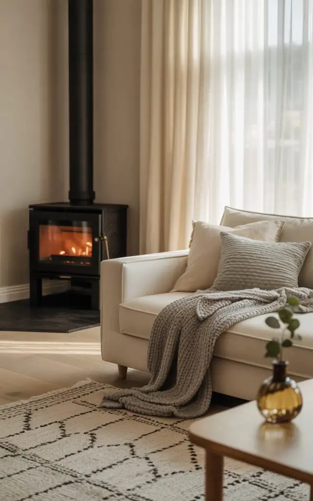 A photograph of a warm Scandinavian living room, centered around a sleek black wood-burning stove nestled in the corner. A plush, cream-colored sofa sits nearby, adorned with a soft grey knitted throw and a scattering of textured pillows, inviting relaxation. The room is bathed in soft, natural light streaming through sheer white curtains, highlighting the light wood floors and a handwoven rug with a subtle geometric pattern. A few strategically placed candles and a small, glazed ceramic vase with a sprig of greenery add to the intimate and authentic "hygge" atmosphere.