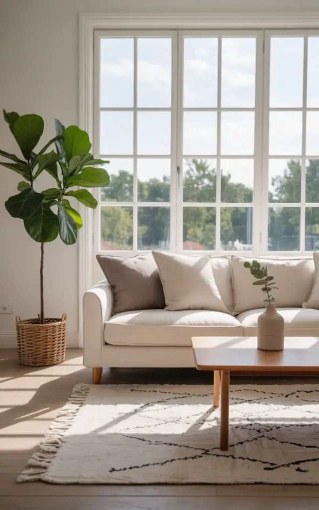 A photograph of a bright Scandinavian living room with a large window dominating the view. A plush ivory sofa sits centered beneath the window, adorned with several linen cushions in muted gray and cream tones, while a soft, geometric-patterned rug lies on the light wood floor. A tall fiddle-leaf fig plant stands in a woven basket near the window, basking in the natural sunlight that illuminates the room and highlights the clean, minimalist decor, creating a tranquil and inviting atmosphere. The room is finished with a simple wooden coffee table and a single, understated ceramic vase with a sprig of eucalyptus.