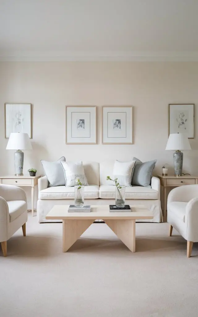 A photo of a Scandinavian-style living room with perfect symmetrical balance. There's a pale ivory sofa at the center, flanked by two identical side tables with matching lamps. A pair of chairs face each other across a light wood coffee table, creating a mirrored effect. The walls are decorated with twin framed prints, further emphasizing the sense of balance. The symmetry brings a calming order, making this well-decorated living room feel intentional, peaceful, and beautifully composed.