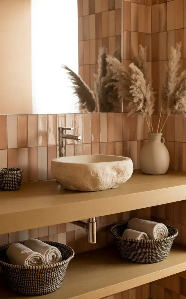 A photograph showcasing a close-up view of a floating wooden vanity in a warmly lit bathroom. The vanity is crafted from weathered oak, featuring a smooth, round stone basin filled with clear water and a simple chrome faucet. Surrounding the vanity are neatly folded linen towels in cream and beige tones, alongside a woven basket holding rolled washcloths. The background reveals terracotta bathroom tiles with a subtle texture, extending up the wall and blending seamlessly with the soft, diffused natural light filtering through a nearby window.