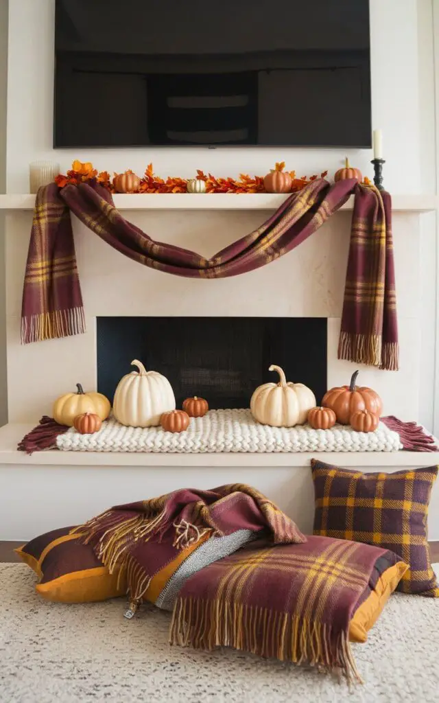 A living room with a well-decorated mantel in the fall season. The mantel is draped with a woven plaid scarf in deep burgundy and mustard tones, with its ends trailing gently down the sides. A knit runner in creamy off-white lies beneath groups of ceramic pumpkins and small votives, creating a plush foundation. Folded flannel remnants and bits of fringe are tucked among the décor, giving the setup a relaxed, layered texture. Cozy throw blankets and pillows in matching tones echo the mantel's palette, tying the entire space together in a warm, tactile display. An oversized 65-inch black television is above the mantel.