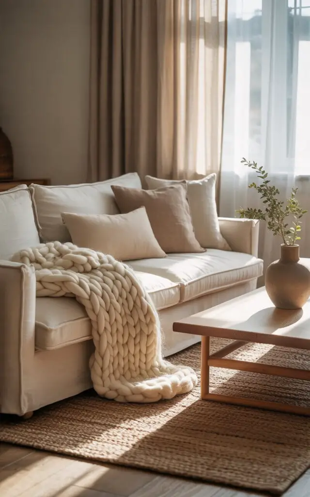 A photograph of a cozy Scandinavian living room bathed in soft, natural light. A plush ivory linen sofa takes center stage, adorned with a chunky, hand-knitted wool blanket and an assortment of linen cushions in varying shades of beige. A large jute rug grounds the space, contrasting beautifully with the smooth, light-toned wooden floorboards, while sheer linen curtains gently diffuse sunlight. A minimalist wooden coffee table with a ceramic vase holding a few sprigs of greenery completes the scene, creating a tactile and inviting atmosphere.