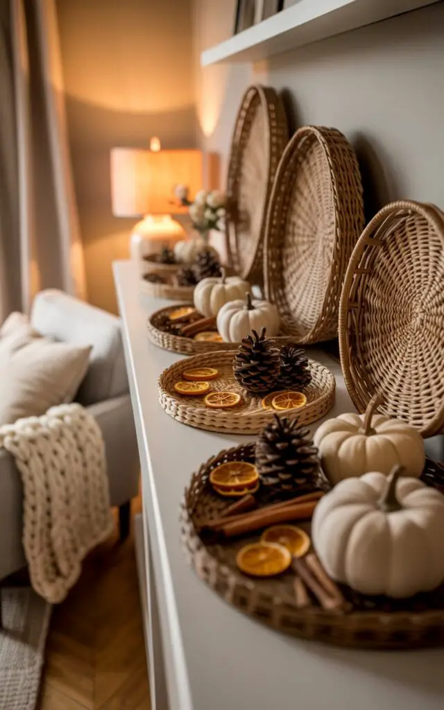 A photograph of a warmly lit living room, focusing on a meticulously styled fall mantel. The mantel is adorned with an array of woven baskets and shallow trays holding natural elements – pinecones, cinnamon sticks, dried orange slices, and miniature fabric pumpkins – creating a layered and textured display, with some baskets leaning playfully against others. The backdrop reveals a cozy space with soft neutral walls, a chunky knit throw blanket draped over a nearby armchair, and a subtle glow from a warm-toned lamp in the corner. Soft, diffused light enhances the autumnal atmosphere, casting gentle shadows and highlighting the rich textures of the seasonal decor.