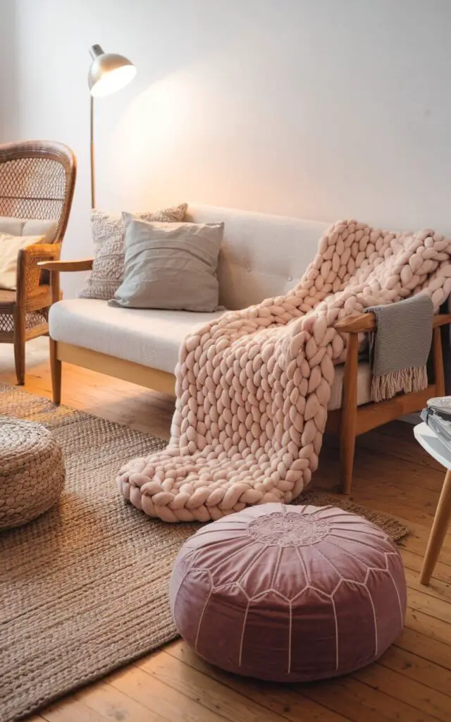 A photo of a Scandinavian living room with a cozy sofa, a chunky wool knit blanket, linen cushions, a textured jute rug, a woven armchair, and a velvet pouf. The room has wooden floors and is lit by a floor lamp. The overall ambiance is warm and inviting.