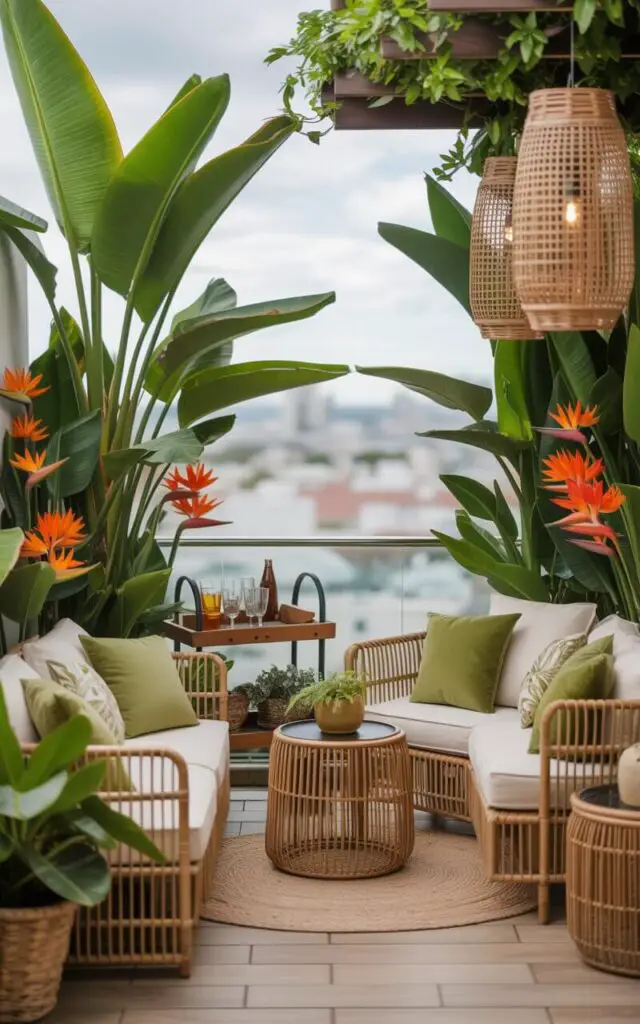 A photograph of a serene balcony garden overflowing with vibrant tropical foliage. Dominating the scene are towering banana plants and bursts of fiery orange birds of paradise, arranged around comfortable rattan furniture adorned with cushions in shades of moss green and creamy white. A tiki-style drink cart, holding glasses and bottles, is subtly positioned in a corner, while woven pendant lights and bamboo lanterns cast a soft, golden glow across the scene. The balcony overlooks a blurred cityscape below, emphasizing the lush, immersive escape of this urban oasis.