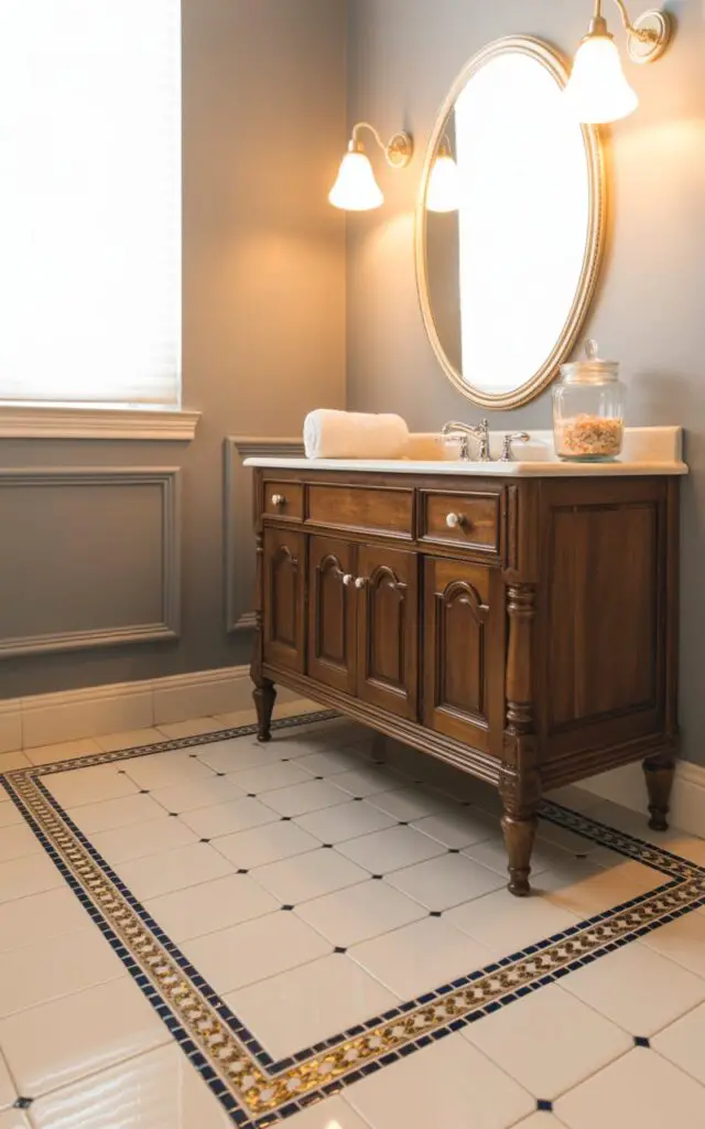 A photograph of a beautifully decorated bathroom, with the floor's perimeter outlined by a striking mosaic tile border of navy and gold. The primary cream porcelain tile is pristine and reflects the soft glow of the elegant lighting fixtures, while a vintage wood vanity with classic chrome fixtures sits against a muted gray wall. A large oval mirror hangs above the vanity, complemented by a neatly rolled white bath towel and a clear glass jar filled with bath salts placed on the countertop. Soft, diffused natural light streams in through a nearby window, accentuating the tailored finish and subtle sophistication of the space.