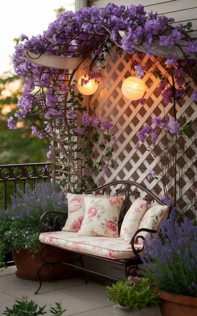A photograph of a wrought-iron bench nestled within a lush balcony garden, creating a secluded and romantic atmosphere. The bench is adorned with soft floral cushions in shades of rose and cream, and sits directly beneath an elegant trellis crafted from white lattice, covered in vibrant purple clematis vines that spill over the railing. Potted lavender and jasmine plants surround the bench, while warm light from hanging globe lanterns casts a soft glow, highlighting the winding vines and the textured surface of the trellis. The scene exudes tranquility, a private garden nook, bathed in the gentle light of a late afternoon sun.