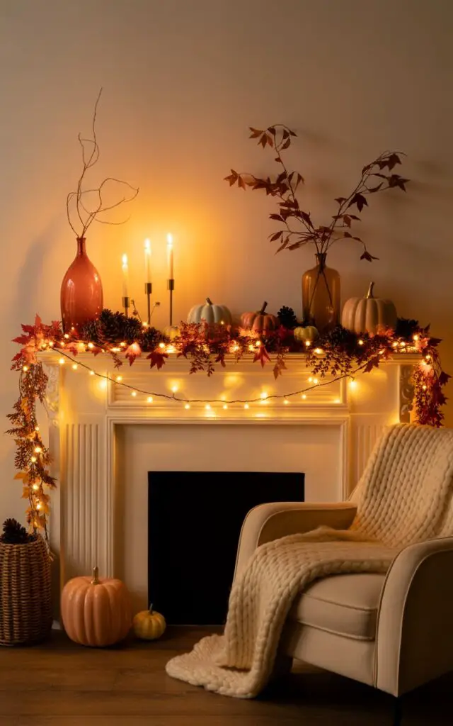 A photograph of a warmly lit fall mantelpiece adorned with festive decorations within a stylish living room. The mantel is draped with delicate fairy lights intertwined with a vibrant foliage garland, complemented by pumpkins and pinecones creating a cozy, inviting display. Reflecting the warm light are amber glass vases, soft brass candlesticks, and glossy ceramic pumpkins, casting gentle flickers across the room. A plush, cream-colored armchair with a chunky knit throw sits comfortably to the side, completing the scene with an ambiance of relaxed elegance.
