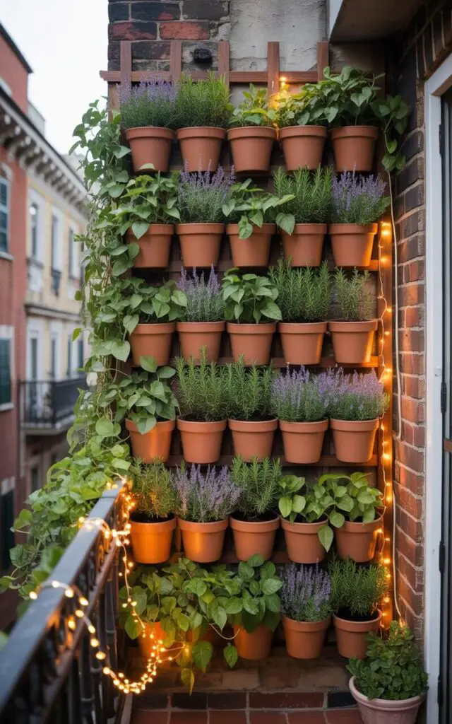 A photograph of a small, urban balcony transformed into a lush vertical garden. A meticulously crafted wooden trellis system covers the entire wall, supporting a vibrant array of terracotta pots filled with rosemary, lavender, and cascading pothos vines that create a textured green tapestry. Strands of warm white fairy lights are delicately wrapped around the balcony railing, illuminating the foliage and casting a gentle glow on the weathered brick wall behind. Soft, natural light filters through the buildings across the alleyway, highlighting the beauty and tranquility of this compact and well-designed outdoor space.
