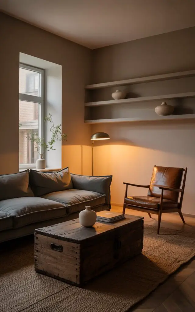 A warmly lit, inviting photograph depicts a Scandinavian living room interior, emphasizing a sense of comfortable elegance. A deep, dove-gray sofa with generously plump cushions forms the room’s focal point, positioned near a weathered, reclaimed wooden chest serving as a coffee table, while a mid-century armchair upholstered in supple brown leather rests gracefully against a backdrop of sleek, minimalist shelves showcasing modern ceramic vases. Soft morning sunlight streams through a nearby window, gently illuminating a textured, woven rug and highlighting the interplay of light and shadow across the room, evoking a feeling of timeless charm and quiet sophistication. A single, antique brass floor lamp casts a soft glow, further accentuating the room's soul and inviting a sense of peaceful relaxation.