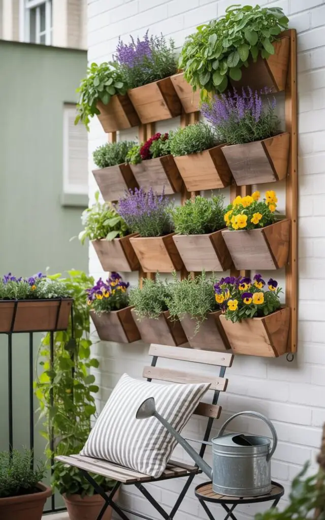 A photograph showcases a charming balcony garden, with a series of neatly arranged wooden planter boxes forming a grid on a white brick wall. Each box overflows with vibrant trailing herbs, fragrant lavender, and cheerful pansies, creating a cascade of color and texture. A vintage galvanized watering can rests casually near a weathered folding chair adorned with striped cushions, while creeping vines gracefully adorn the metal railings. Soft, diffused sunlight illuminates the scene, highlighting the sage green wall in the background and the lush foliage of the thriving balcony garden.
