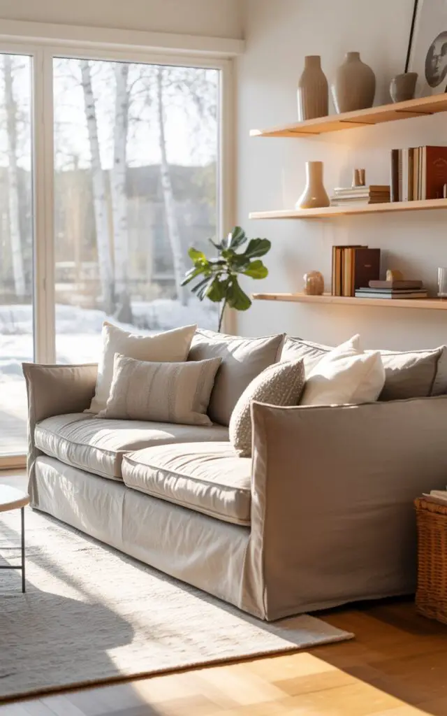A bright, airy interior photograph of a Scandinavian living room bathed in the warm glow of morning sunlight. A large, comfortable sofa upholstered in a soft, dove-gray linen sits centered, accented by plush pillows in shades of cream and light gray, and a chunky, woven rug in natural tones. Sleek, minimalist shelving displays a curated collection of ceramic vases, leather-bound books, and a small potted fiddle-leaf fig, while floor-to-ceiling windows frame a view of snow-covered birch trees in the distance, creating a sense of serene tranquility. The pristine white walls and polished hardwood floors reflect the light, emphasizing the room’s clean lines and inviting atmosphere.