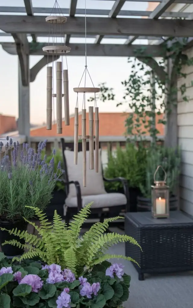 A photo of a breezy balcony garden with delicate bamboo wind chimes swaying softly above a cluster of leafy ferns and begonias. The chimes hang from a wooden pergola overhead, creating gentle music with each gust. Potted lavender and rosemary flank a cushioned rocking chair, and a tiny coffee table holds a candle lantern. This very well decorated, serene setting captures the calming energy of sound, light, and greenery on a thoughtfully well-designed balcony made for quiet reflection and evening breezes.