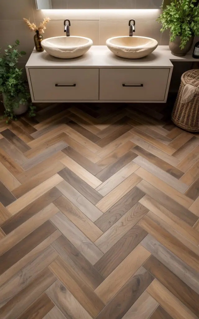 A photograph of a modern bathroom interior showcasing a stunning wood-look tile floor. The floor, arranged in a herringbone pattern, replicates the warmth of oak planks with subtle wood grain details. A floating white vanity with matte black fixtures and two elegant stone vessel sinks sits centered in the room, reflecting the soft glow of recessed lighting above. Lush potted greenery and a woven hamper add organic texture, completing the stylish and serene atmosphere.