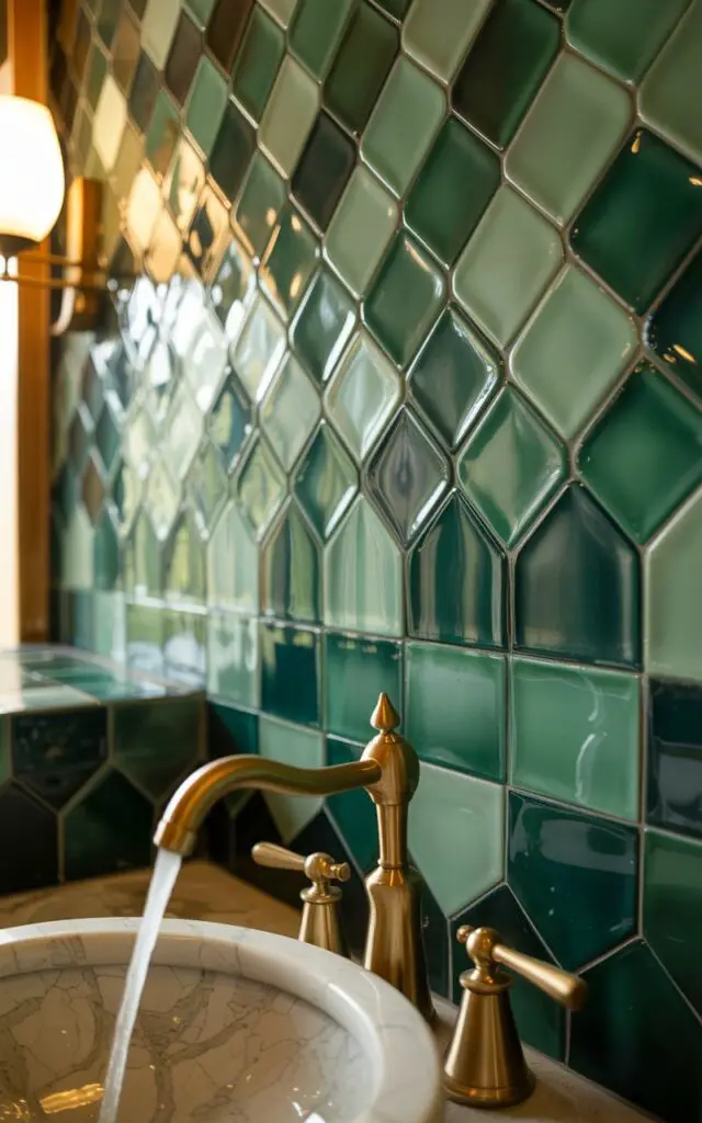 A photograph captures a close-up view of a meticulously crafted Moroccan Zellige tile backsplash in a luxurious bathroom. The tiles, rendered in a deep forest green, display a mesmerizing pattern of irregular shapes and surfaces, reflecting subtle light variations across the vanity area. A polished brass faucet and a glimpse of a round vessel sink with warm water flowing add to the scene's sophisticated charm. Soft, diffused lighting emanates from a nearby sconce, highlighting the handcrafted textures and evoking a serene, spa-like ambiance.