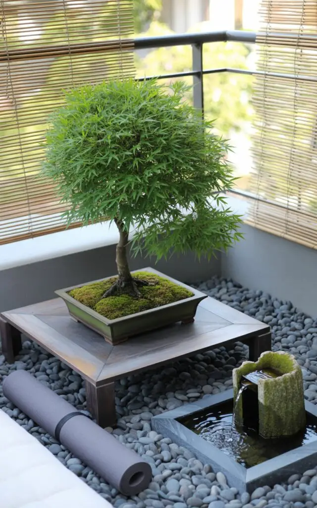 A photograph of a meticulously curated Zen balcony garden, focusing on a single, perfectly pruned Japanese maple bonsai tree. The bonsai sits upon a square, dark-stained wooden platform resting on a bed of smooth, grey river stones, creating a grounding visual element. Beside it, a small, moss-covered stone fountain trickles water into a slate basin, while a rolled yoga mat and dark grey meditation cushion rest nearby; bamboo screens subtly obscure the edges of the balcony. Soft, diffused sunlight filters through the bamboo, casting gentle shadows and highlighting the vibrant green leaves of the bonsai, emphasizing the space's serene and harmonious atmosphere.