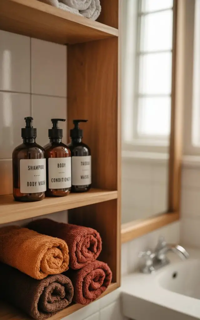A photograph of a minimalist bathroom featuring a wooden shelf as the primary focus. A set of amber glass bottles are neatly arranged on the shelf, labeled with "shampoo" "conditioner" and "body wash" in simple black and white typography. Below the shelf, a stack of rolled towels in warm autumn hues like burnt orange and deep brown add a touch of coziness, while soft, diffused light from a nearby window illuminates the clean lines and vintage character of the space. The background showcases a white tiled wall and a glimpse of a simple, modern sink, creating a serene and well-designed atmosphere.