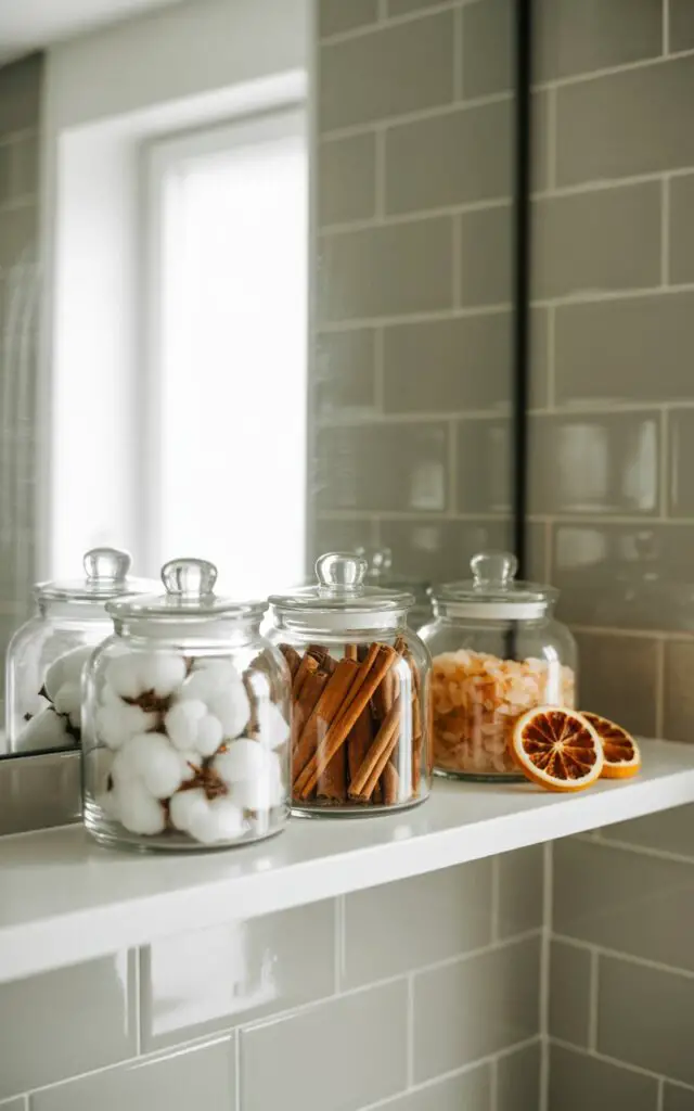 A photograph of a minimalist bathroom interior featuring open shelving as the primary focus. Three clear glass apothecary jars are arranged on the shelves, one filled with fluffy white cotton balls, another with fragrant cinnamon sticks, and the third with amber-colored bath salts alongside dried orange slices – each displaying a tactile texture. The background consists of clean, pale gray subway tiles and a large frameless mirror, reflecting the jars and subtly illuminating the space. Soft, diffused natural light streams in, creating a warm and inviting autumnal atmosphere, subtly emphasizing the “Fall Bathroom” aesthetic.