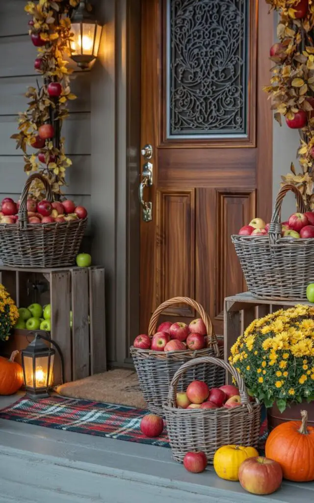 A photograph of a charming, intricately carved wooden front door with a gleaming nickel handle, serving as the focal point of a lively autumn scene. The door is framed by rustic baskets overflowing with vibrant red apples, while weathered wooden crates and smaller wicker baskets filled with green apples are arranged artfully around the entrance. Surrounding the baskets are cheerful pumpkins and golden mums, all resting on a cozy plaid mat with warm-toned lanterns casting a gentle, inviting glow across the porch. Soft, diffused sunlight highlights the rich colors of the apples and fall foliage, creating a picture-perfect fall tableau.