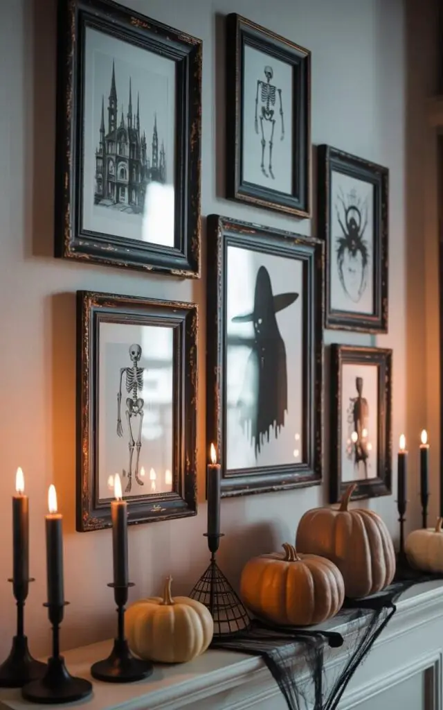 A photograph of a meticulously styled Halloween mantelpiece designed as a haunting gallery wall. Black-and-white sketches of gothic architecture, vintage skeleton diagrams, and shadowy witch silhouettes are displayed in distressed black frames, leaning artfully against the wall. Balanced between the frames sit muted orange pumpkins and flickering black candles, while a delicate cobweb stretches across one corner. The scene is bathed in soft, diffused light, casting long shadows and emphasizing the curated, spooky sophistication of the display.