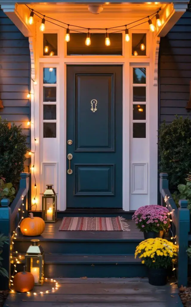 A photograph of a charming front porch bathed in the warm glow of autumn. The focal point is a beautifully designed dark teal door with a gleaming nickel key lock centered within its intricate paneling. Edison bulb string lights hang gracefully overhead, casting a golden hue across the porch, while lanterns with flickering candles illuminate the steps, and smaller fairy lights wind around pumpkins and vibrant mums. A plush layered rug at the entry adds warmth to the space, all set against a backdrop of neatly trimmed bushes and a glimpse of "Fall Foliage" beyond.