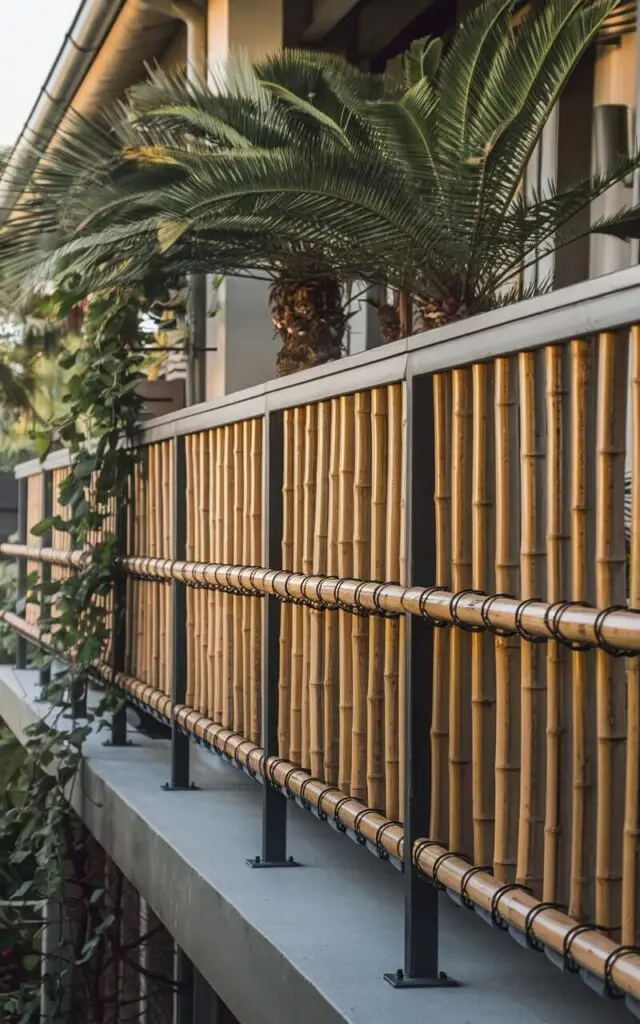 A photo of a balcony railing made of bamboo poles bound together with stainless-steel ties. The railing is well designed, with each bamboo pole carefully cut to uniform length, treated to resist weather, and arranged in tight alignment. The natural texture and tonal variation of bamboo create depth, while the minimalist frame of black steel holds everything discreetly in place. The railing feels organic, sustainable, and refreshing. Potted palms and climbing vines accentuate the tropical vibe, while morning light reveals golden hues in the bamboo, highlighting its tactile surface. The result is earthy and serene, blending craftsmanship with nature.