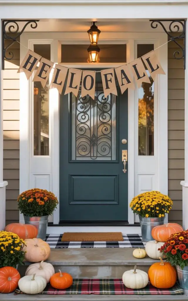 A photograph of a charming front porch centered around an intricately designed dark teal door with a gleaming nickel key lock. A cheerful seasonal banner above the door reads “Hello Fall” in a bold, rustic font, hanging from sturdy wrought iron brackets. Scattered across the porch steps are various sizes of orange and white pumpkins, while a cozy plaid rug sits beneath a welcoming mat, complemented by vibrant mums in galvanized buckets. Warm sunlight illuminates the scene, highlighting the burlap banner swaying gently in the breeze and creating a joyful, autumnal atmosphere.