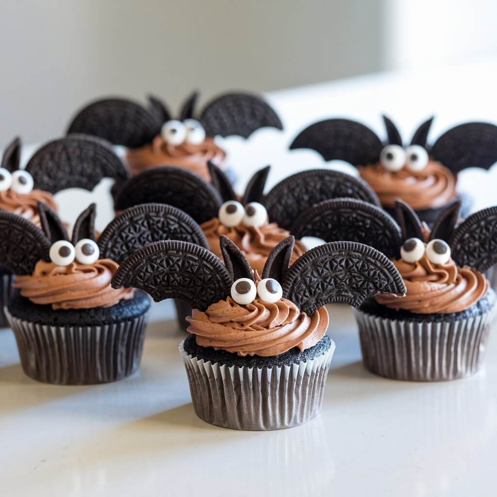 A photo of Halloween cupcakes decorated as cute bats. Each cupcake has a base of chocolate frosting, with Oreo cookie halves inserted on either side as wings. Candy eyes are added in the center, making the bats appear wide-eyed and playful. The glossy frosting and cookie textures are highlighted by natural light. The cupcakes are arranged in a cluster on a bright plain white kitchen countertop, creating a visually appealing dessert table.