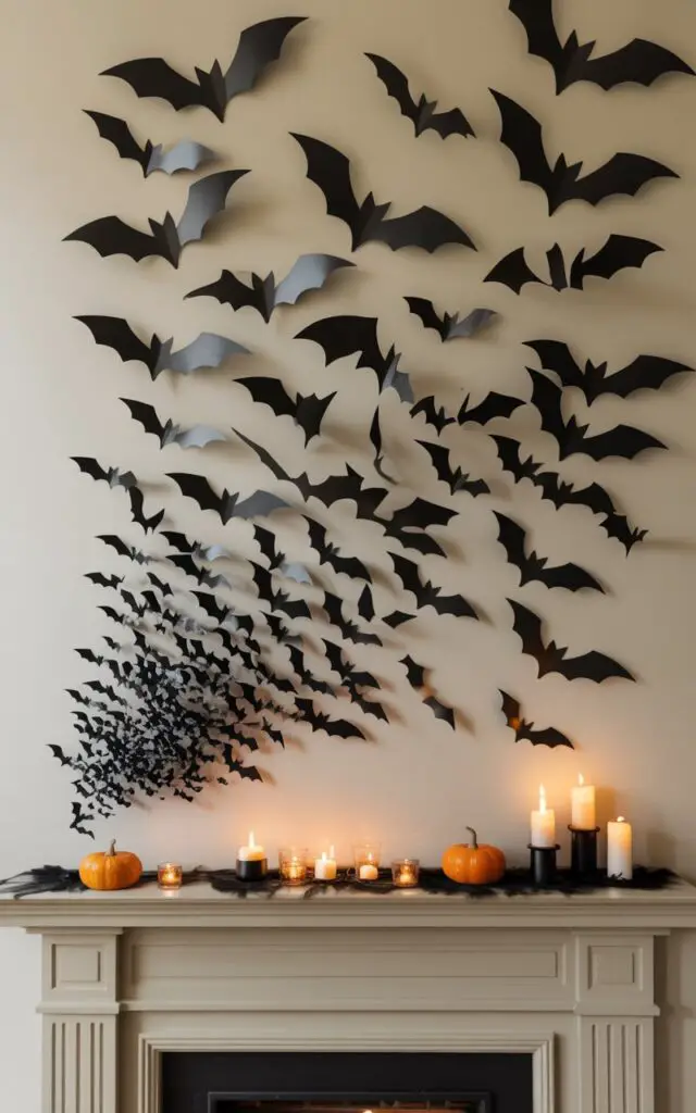 A dramatic Halloween mantel display featuring dozens of jet-black paper bat silhouettes appearing to take flight from the surface toward the wall above. The bats vary in size from small to large, creating a dynamic swirling pattern that gives the illusion of movement and flight across the cream-colored wall. The elegant fireplace mantel below is adorned with minimalist Halloween accents including flickering pillar candles in matte black holders and a few small orange pumpkins arranged with purposeful spacing. Warm candlelight casts subtle shadows that enhance the paper bats' silhouettes, creating an atmospheric and immersive scene that transforms the entire room into a hauntingly beautiful Halloween vignette.