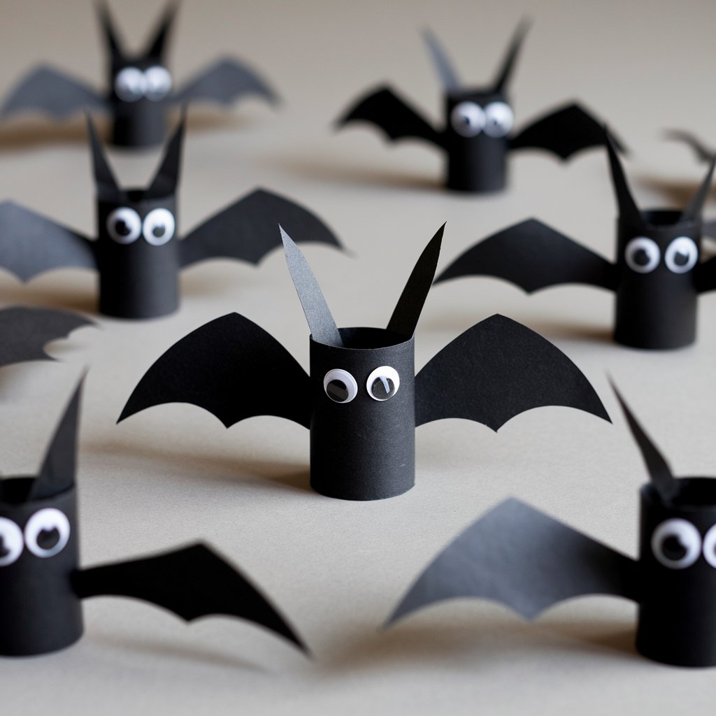 A photo of a Halloween-themed table with a minimalist arrangement of homemade craft Halloween bats. The bats are made from black-painted toilet paper rolls transformed into bats with folded tops for ears and black cardstock wings. Googly eyes are glued to the front of each bat, giving them playful expressions. The arrangement is centered on a plain table, with several bats upright and some lying down. There are no tools visible, and the focus is on the crafted bats.