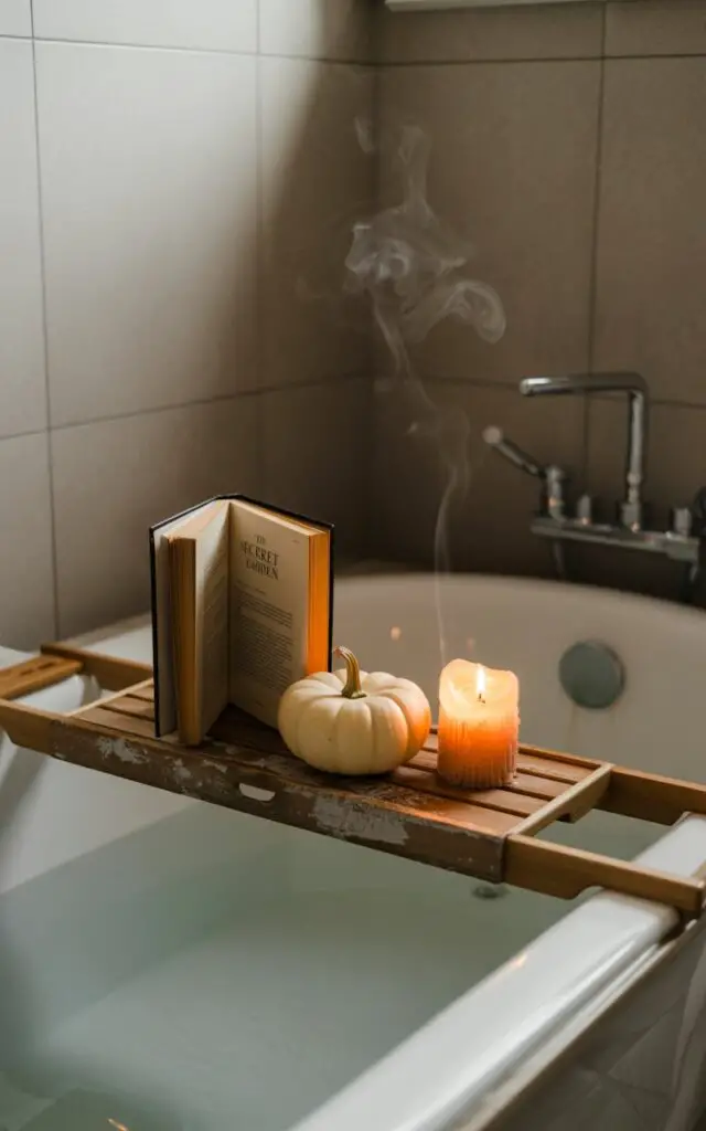 A photograph of a luxurious soaking tub situated in a minimalist, modern bathroom with warm autumn tones. The tub itself is crafted from sleek white porcelain and rests against a wall of pale grey tiles, with a weathered wooden bath caddy resting across the edge. On the caddy sits an open book titled "“The Secret Garden”", a flickering amber candle, and a small, perfectly round white pumpkin, all softly illuminated by the candle's gentle glow. Wisps of steam curl above the water, reflecting the candlelight and creating a tranquil spa-like atmosphere in the softly lit room.