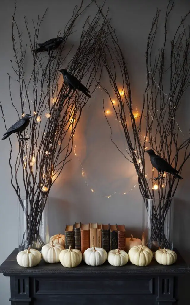 A photograph of an elegantly designed Halloween mantel featuring tall, gnarled black branches arranged in clear glass vases at each end, creating dramatic silhouettes against a dim backdrop. Realistic faux crows perch naturally among the twisted twigs, while delicate warm white string lights wind through the branches, casting a soft amber glow that illuminates the scene like captured fireflies. The center of the dark wooden mantel displays a carefully curated row of pristine white pumpkins alongside vintage leather-bound books with aged spines, their muted tones providing sophisticated contrast to the stark branches. The overall composition evokes a midnight enchanted forest, with moody lighting that emphasizes the sculptural quality of the branches while maintaining an atmosphere of refined spookiness.