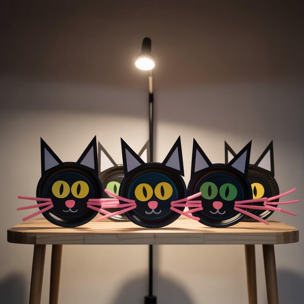 A photograph of several charming black cat faces crafted from foam plates arranged neatly on a plain wooden table. Each cat face features triangular black paper ears, bright yellow and green paper eyes, a pink paper nose, and playful pipe cleaner whiskers fanning outwards. A single spotlight illuminates the "Halloween" display, casting subtle shadows and highlighting the smooth texture of the black-painted plates. The minimalist arrangement is set against a dark background, emphasizing the quirky and whimsical nature of the handmade decorations.