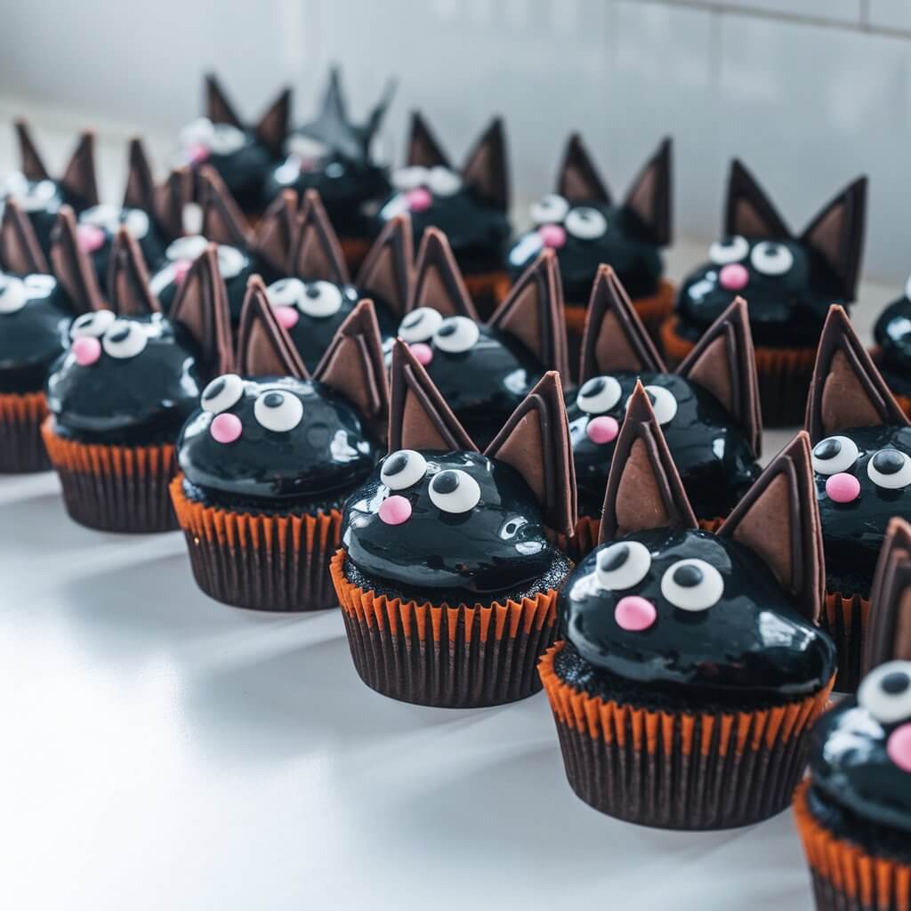 A photo of a kitchen countertop with rows of Halloween cupcakes. Each cupcake is decorated as a black cat with deep black icing, chocolate wafer cookies for pointed ears, candy eyes with bright white pupils, and a small pink candy nose. The glossy black frosting reflects the surrounding natural light, giving the cupcakes a lifelike shine. The bold black and pink colors stand out clearly against the bright plain white countertop.