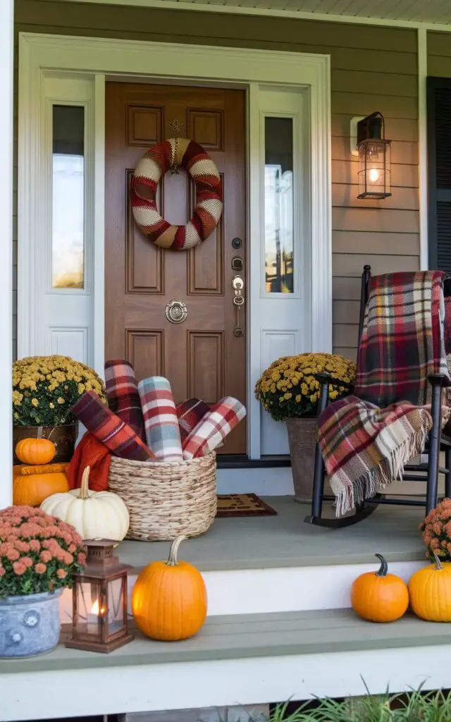 A snug and inviting Fall front porch with a well-designed door. The door has a nickel key lock and is styled with a woven basket overflowing with rolled-up blankets. The porch is decorated with plaid and knit throws in rich autumn tones—burnt orange, burgundy, and cream—ready for chilly evenings. Pumpkins cluster beside the basket, while a rocking chair nearby holds another cozy plaid throw. Mums in rustic pots and lanterns glowing softly round out the space, making it feel both beautiful and practical for autumn gatherings.