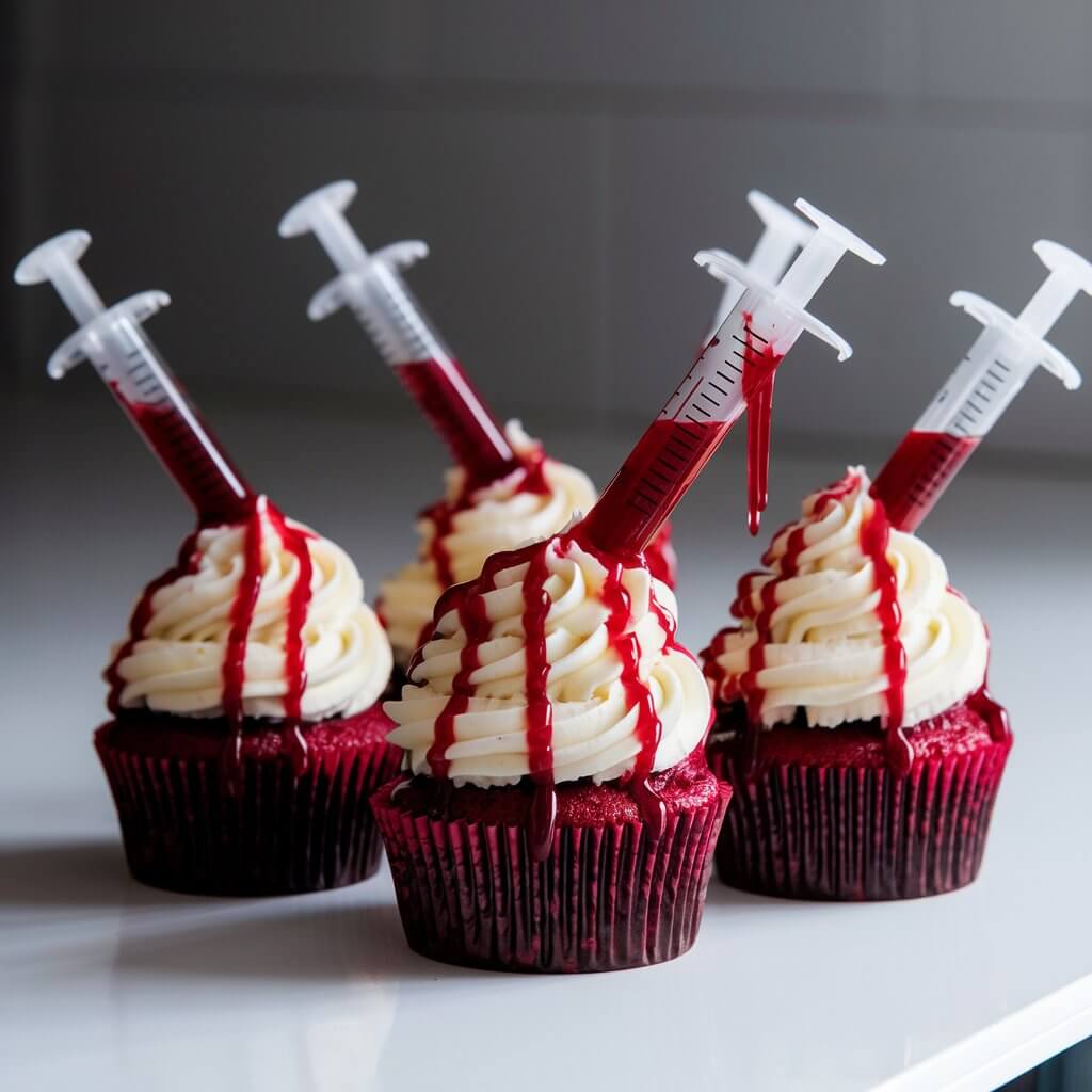 A photo of a dramatic presentation of Halloween cupcakes. The cupcakes are deep red velvet and each one is topped with a swirl of creamy white frosting. Drizzles of glossy raspberry sauce streak across the top like dripping blood, with plastic syringes filled with more sauce stuck into the frosting at sharp angles. The red cake peeks through slightly beneath the frosting, enhancing the gory effect. The cupcakes are placed on a bright plain white kitchen countertop, creating a striking, theatrical visual.