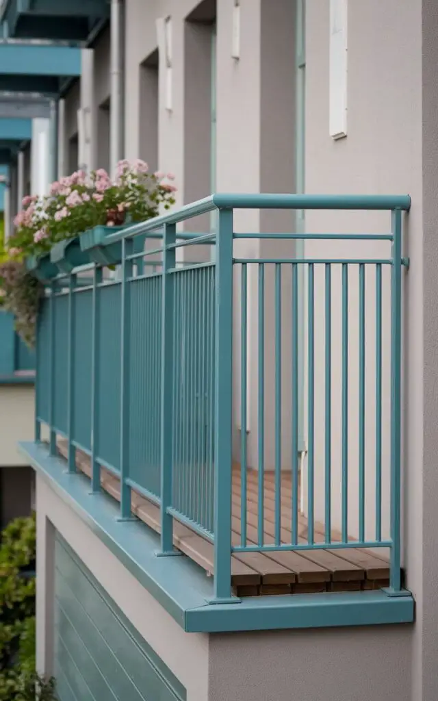A photo of a balcony railing painted in a rich teal hue against a neutral building wall. The railing is a well-designed railing with slim steel posts, flat bar horizontals, and a clean top rail. The powder-coated finish is smooth and weather-resistant. Below the railing, there is a wooden deck with planks. There are vibrant potted flowers placed near the railing. The overall image feels cheerful, unique, and confidently stylish.