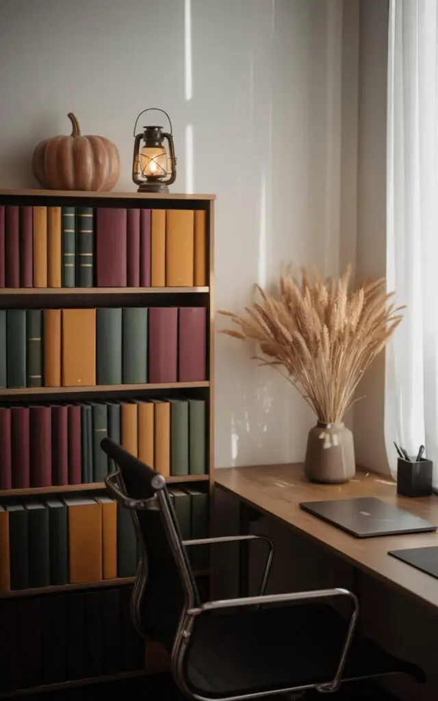 A photograph of a thoughtfully styled Fall office bookshelf standing beside a modern, minimalist office desk and chair. The bookshelf is filled with books featuring deep burgundy, mustard, and forest green covers, with a ceramic pumpkin and a small, antique brass lantern perched on top, creating a warm vignette. A sleek laptop rests on the desk’s wooden surface alongside a simple black pen holder and a muted vase filled with dried wheat grasses, softly illuminated by the natural light streaming from a nearby window. The entire scene exudes a sense of curated calm, with subtle shadows and a balanced color palette enhancing the cozy autumn atmosphere.