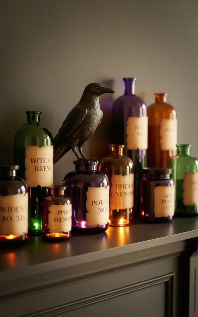 A photograph of an elegant Halloween mantel styled as a witch's apothecary, featuring a curated collection of vintage glass bottles and amber jars in varying heights. Each vessel displays aged parchment labels reading "Witch's Brew," "Potion No. 9," and "Spider Venom," with some bottles glowing from within with emerald green, deep purple, and golden amber liquids. A sleek black crow figurine perches watchfully among the potions, while the dark wood mantel surface reflects the subtle illumination from the glowing bottles. The scene is lit with moody, warm lighting that creates dramatic shadows while maintaining a polished, sophisticated aesthetic that balances spooky charm with minimalist design.