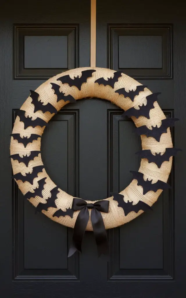 A Halloween wreath made of natural burlap is wrapped around a dark navy door. The wreath is adorned with felt bats of varying sizes, arranged in a diagonal arc across the face of the wreath. The bats' wings are slightly bent, casting delicate shadows. A neat black bow is tied at the bottom third of the wreath, grounding the design. The wreath is well-designed, balancing the rustic roughness of the burlap weave with the clean graphic shapes of the bats, maintaining consistent spacing so the diagonal "flight path" is clear. Soft, even lighting highlights the burlap's crosshatch pattern without washing out the bats' edges. A thin jute hanger is attached to the door, aligning with the vertical panel for a tidy presentation.
