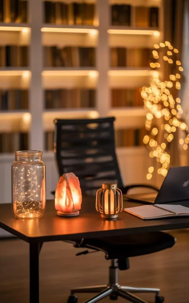 A photograph of a meticulously designed office bathed in the warm glow of candlelight-inspired décor during a crisp autumn evening. At the heart of the frame sits a sleek, dark wood office table paired with an ergonomic chair, both adorned with subtle golden accents. Upon the table, a glass jar overflows with twinkling fairy lights sits next to a Himalayan salt lamp emitting a soft pink-orange glow, complemented by a lantern-style LED candle, alongside a closed laptop and open notebook. The background features a blurred wall of warm-toned bookshelves and soft, diffused lighting enhances the magical yet professional ambiance of the space.