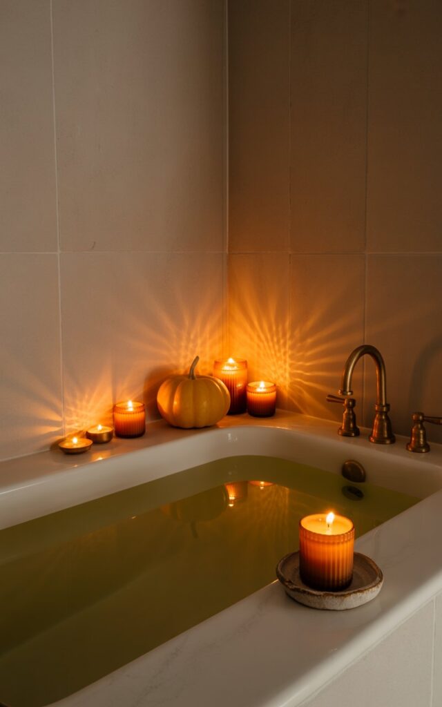 A photograph of a luxurious, minimalist bathroom bathed in the warm glow of candlelight. A deep, rectangular soaking tub takes center stage, partially filled with steaming water and adorned with a single flickering amber candle in a rustic ceramic holder on its edge. The vanity showcases several more amber glass candles alongside a small, perfectly round pumpkin, their light reflecting off the brass fixtures and white tiles, while soft shadows play across the neutral-toned walls, creating an inviting and serene atmosphere. The overall scene exudes a calming, romantic vibe, transforming the simple space into a seasonal sanctuary.