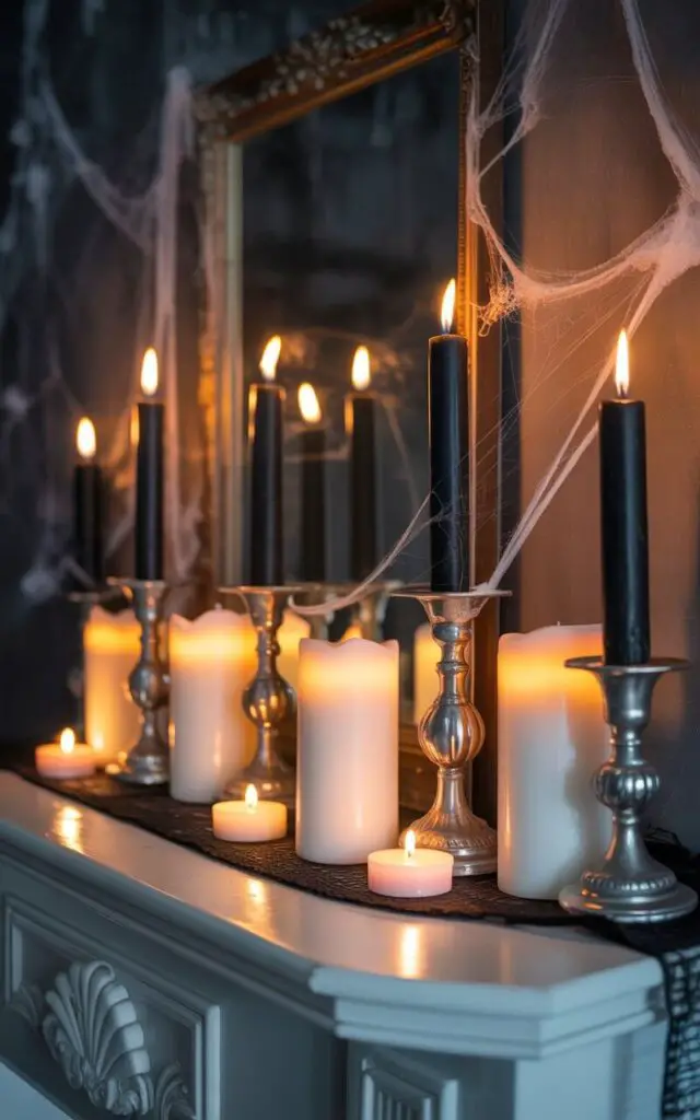 A moody photograph showcases a meticulously arranged Halloween mantel, radiating an atmospheric glow. Black taper candles rise from ornate antique holders, complemented by several chunky white pillar candles of varying heights, each with delicate wax trails cascading down their sides.  Subtle LED tea lights nestle amongst the candles, casting shimmering reflections in a vintage mirror positioned above the mantel. The background consists of a dark, textured wall with faint, almost imperceptible cobwebs, subtly enhancing the overall sense of mystery.