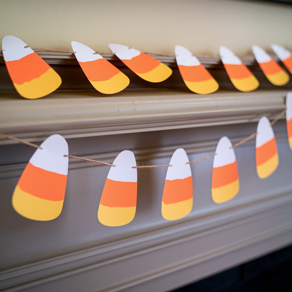 A homemade Halloween craft of a garland made from paper candy corn pieces. Each candy corn is cut from cardstock and painted with three perfect stripes: yellow at the base, orange in the middle, and white at the tip. The candy corns are strung together with thin twine, forming a cheerful chain. The garland is laid in a gentle curve, fully visible, placed on a mantel.