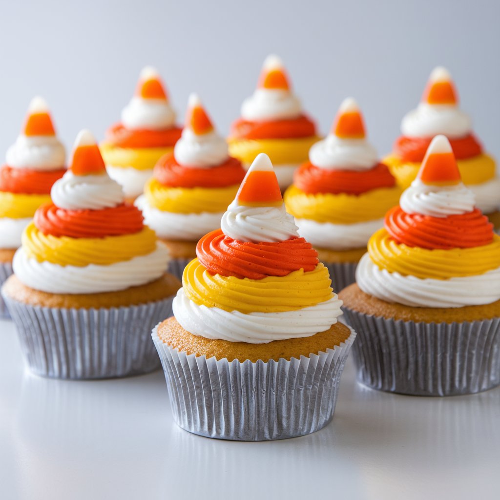 A cheerful arrangement of Halloween cupcakes styled after candy corn. Each cupcake is frosted with three layers of buttercream: bright yellow on the bottom, vibrant orange in the middle, and white on top. A single candy corn piece is pressed neatly into the peak of each swirl. The tri-colored frosting gleams softly under natural light, making the stripes crisp and clean. Set on a bright plain white kitchen countertop, the bold hues stand out vividly, evoking the nostalgic sweetness of Halloween.