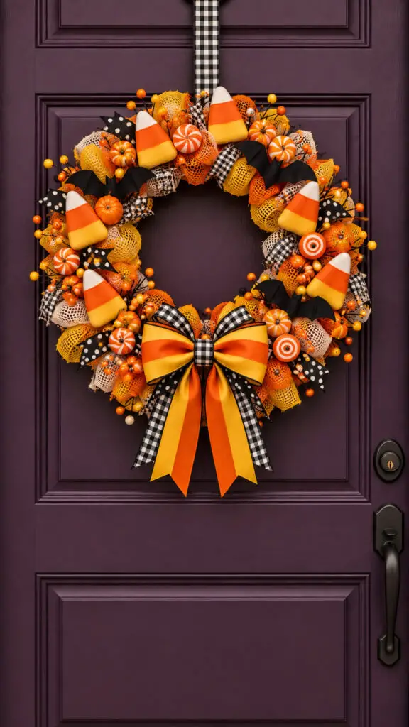 Candy Corn Wreath on a Plum Door