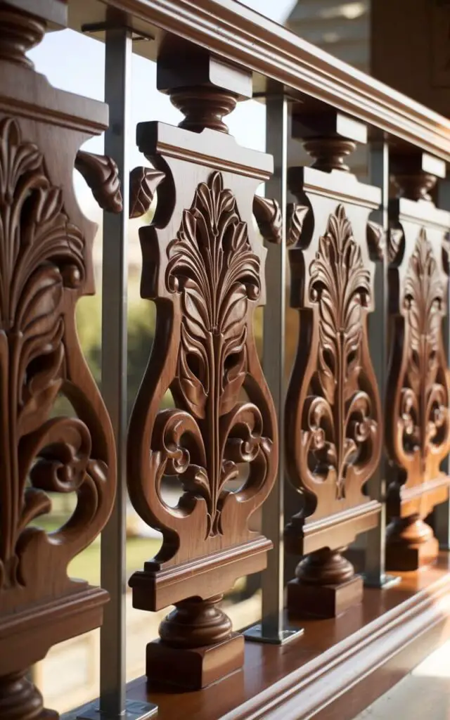 A photo of a balcony railing with heritage craftsmanship. The railing is made of carved hardwood panels with intricate floral motifs. Each baluster is shaped by hand, with delicate curves, recessed grooves, and finely polished edges. The warm mahogany stain highlights the natural wood grain, while carvings create depth and shadow. A minimalist steel frame supports the panels discreetly. Sunlight glows on the polished surfaces. The design blends tradition and modern durability seamlessly.