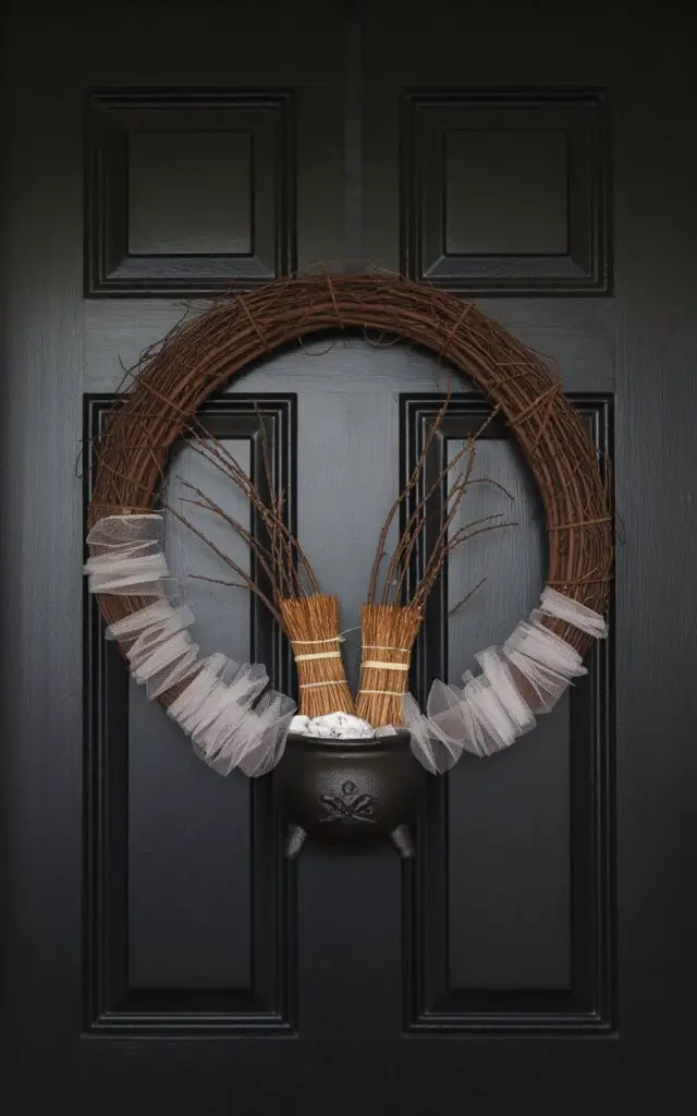 A Halloween wreath is mounted on a matte black door in a minimalist scene. The wreath is a half-circle and is made of twigs. At the bottom center of the wreath, there is a small faux cauldron that appears to spill tulle "smoke" and twig bundles upward into the wreath's form. Potion bottles and miniature broom bristles are placed selectively along the base. The wreath uses the upper half as negative space, allowing the cauldron and its elements to create the illusion of bubbling movement. Soft lighting from above reveals texture in the mesh and twigs without distracting glare.