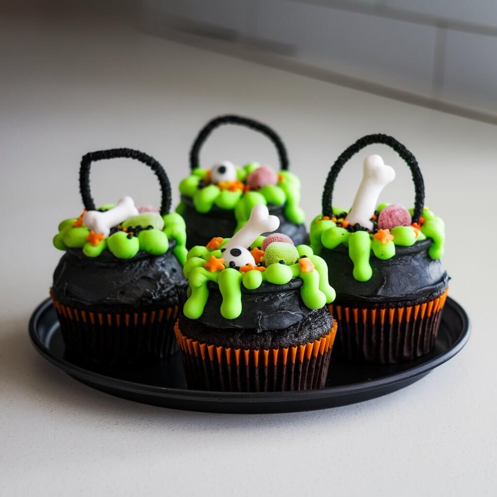 A photo of Halloween cupcakes transformed into bubbling witch's cauldrons. Each cupcake is frosted black, with a thick rim of icing to form the cauldron's edge. Neon green frosting bubbles up from the center, topped with candy bones, gummy eyeballs, and star sprinkles for a magical effect. A small black licorice loop acts as a handle. Displayed on a black tray on a bright plain white kitchen countertop, the cupcakes look like tiny potions ready to boil over.