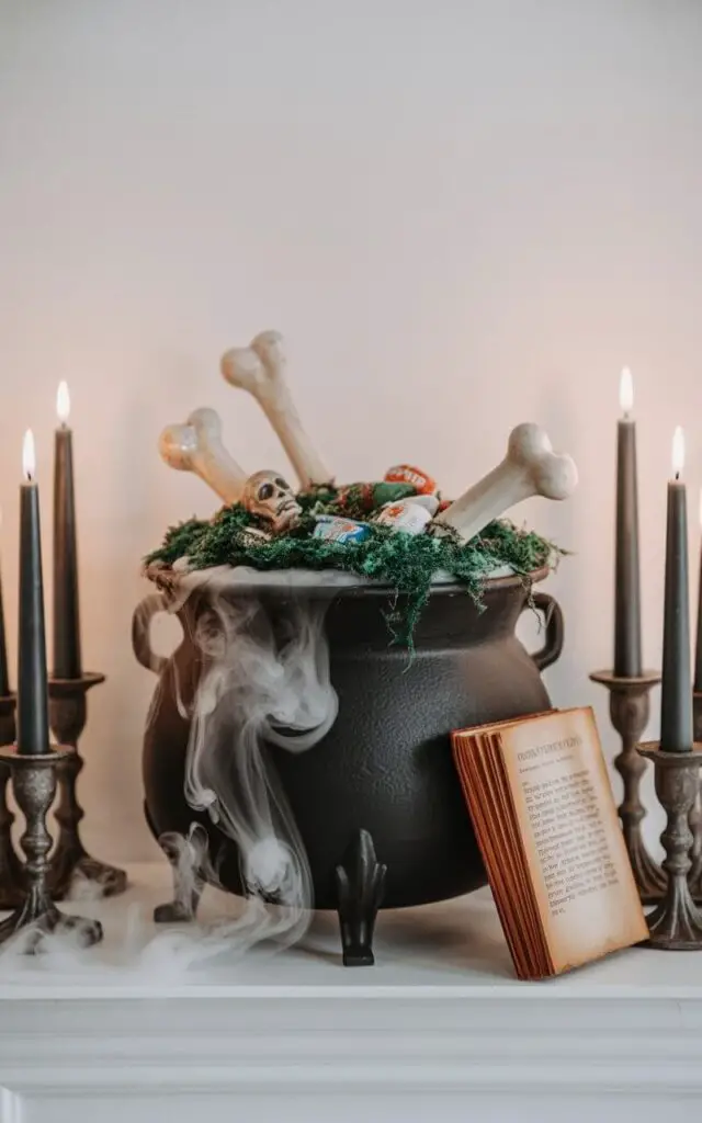 A photograph of an elegantly styled Halloween mantel featuring a weathered black cauldron as the centerpiece, overflowing with vibrant emerald moss, scattered candy, and realistic bone-shaped props. Ethereal wisps of dry ice smoke curl upward from the cauldron, creating mysterious tendrils that dance in the ambient light. On either side, tall black candles housed in ornate wrought-iron holders cast a warm, flickering glow across the display, while an ancient-looking spell book with aged parchment pages leans casually against the cauldron's base. The minimalist composition maintains perfect balance with each carefully chosen element contributing to the enchanted atmosphere without visual clutter, set against a clean backdrop that emphasizes the magical theatricality of this sophisticated Halloween vignette.